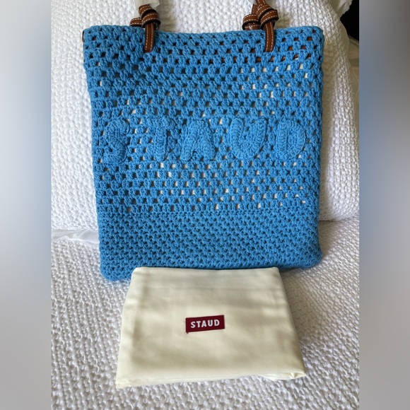 STAUD Crochet Porte Tote Shoulder Bag Casual Beachy In Azure Color One Size - Picture 3 of 15